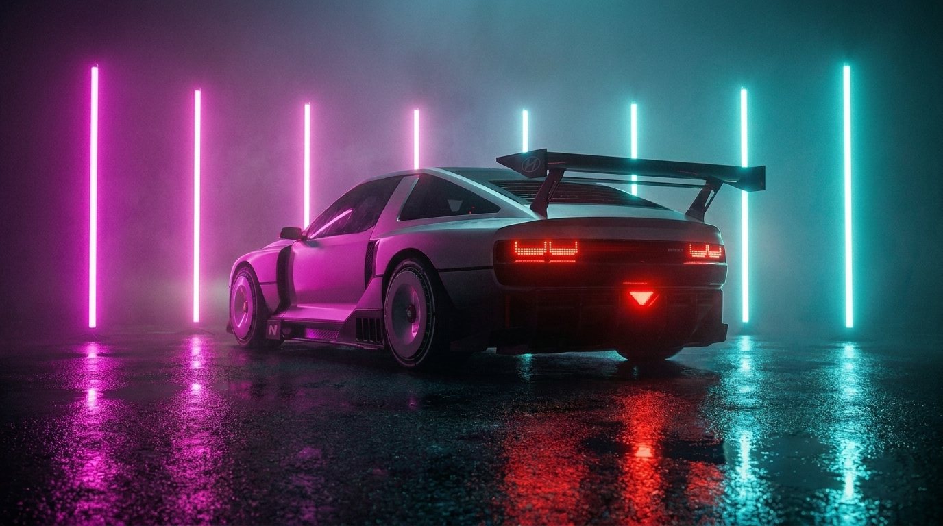 Afterglow — rear three-quarter of the N Vision 74, taillights reflecting on wet asphalt