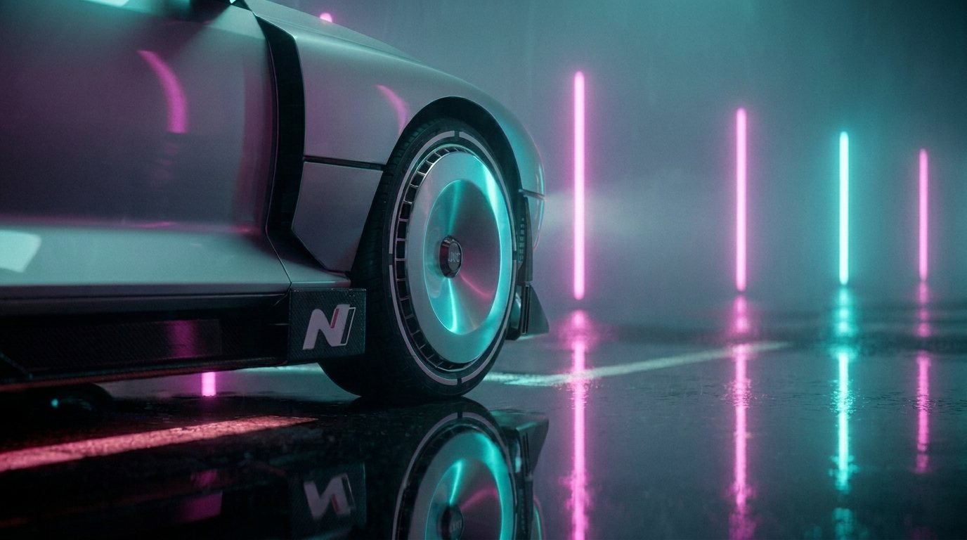 Turbofan wheel cover catching cyan neon reflections