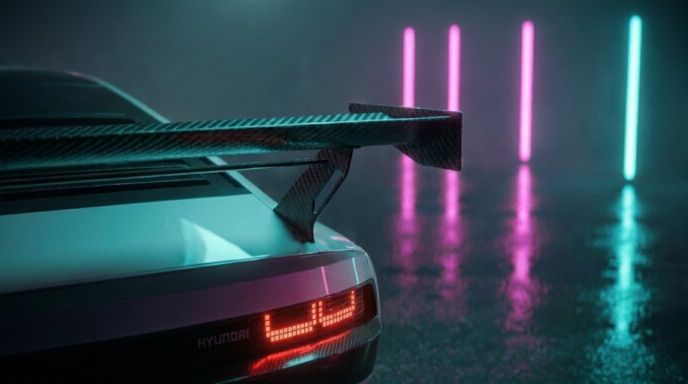 Carbon rear wing and pixel taillights in the haze