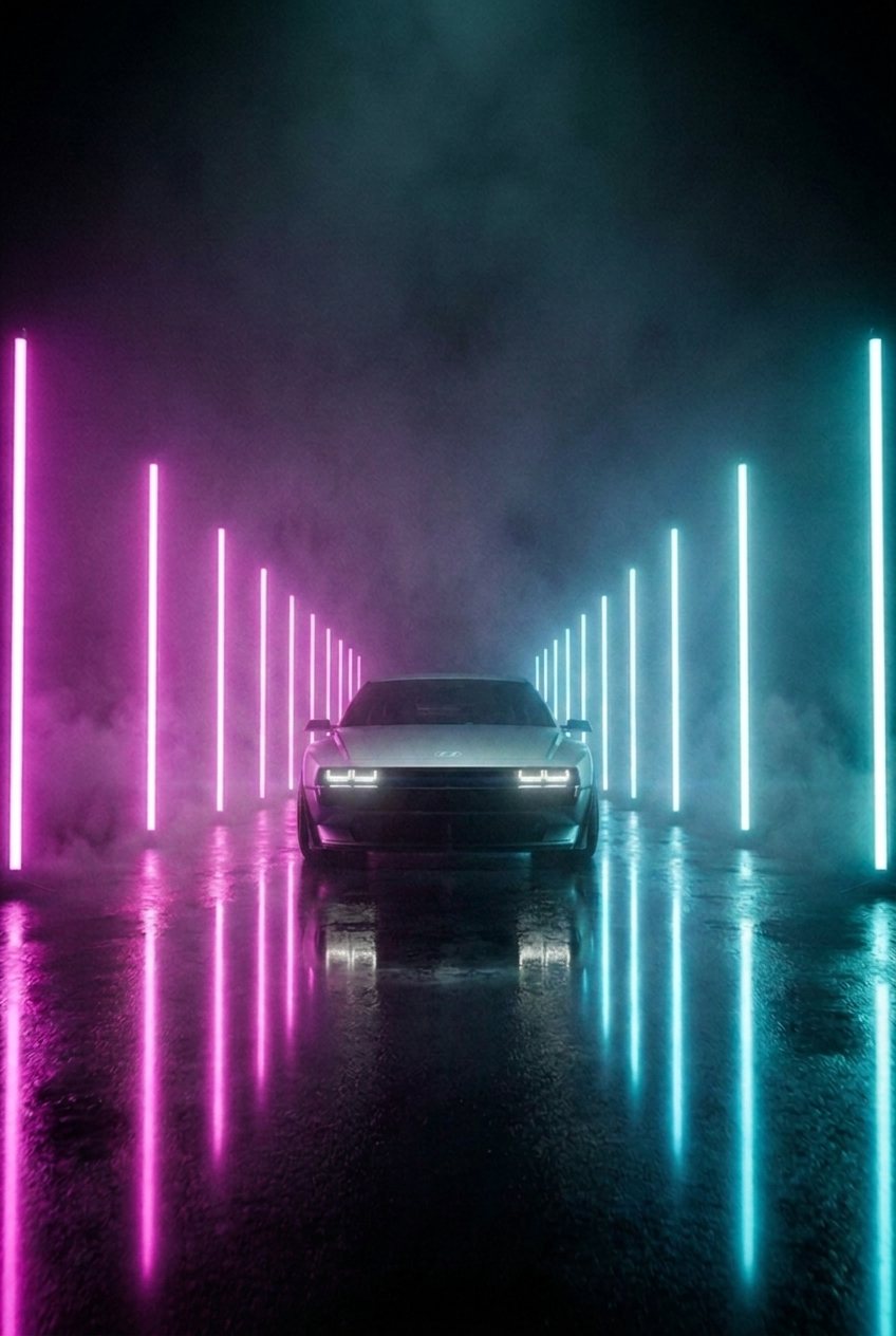 Key art plate: the car centered in a corridor of neon tubes