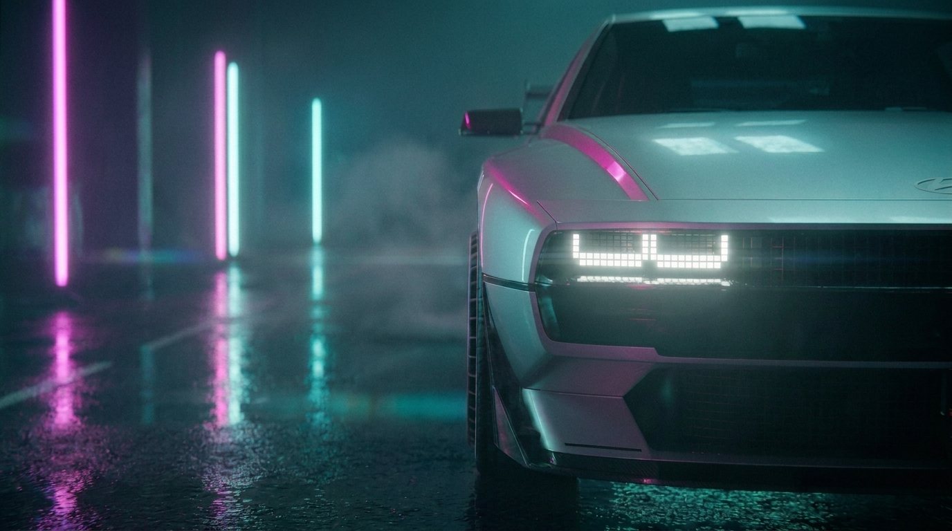 Front corner of the car with the pixel lamp glowing