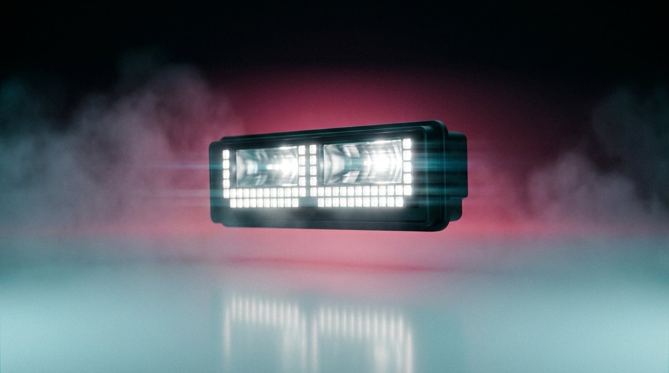 Isolated pixel headlamp module floating in haze, grid blazing white