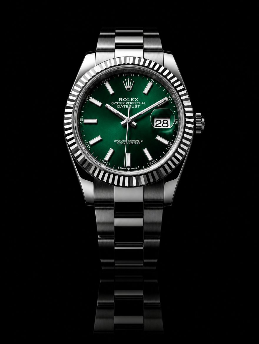 Datejust hero front — green sunburst dial and fluted bezel in a black void