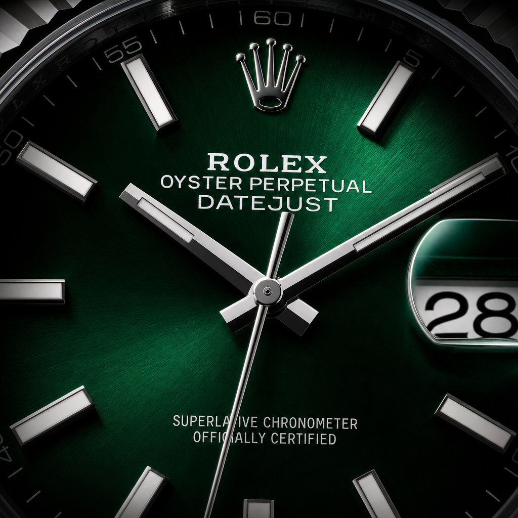 Green sunburst dial and wordmark, macro