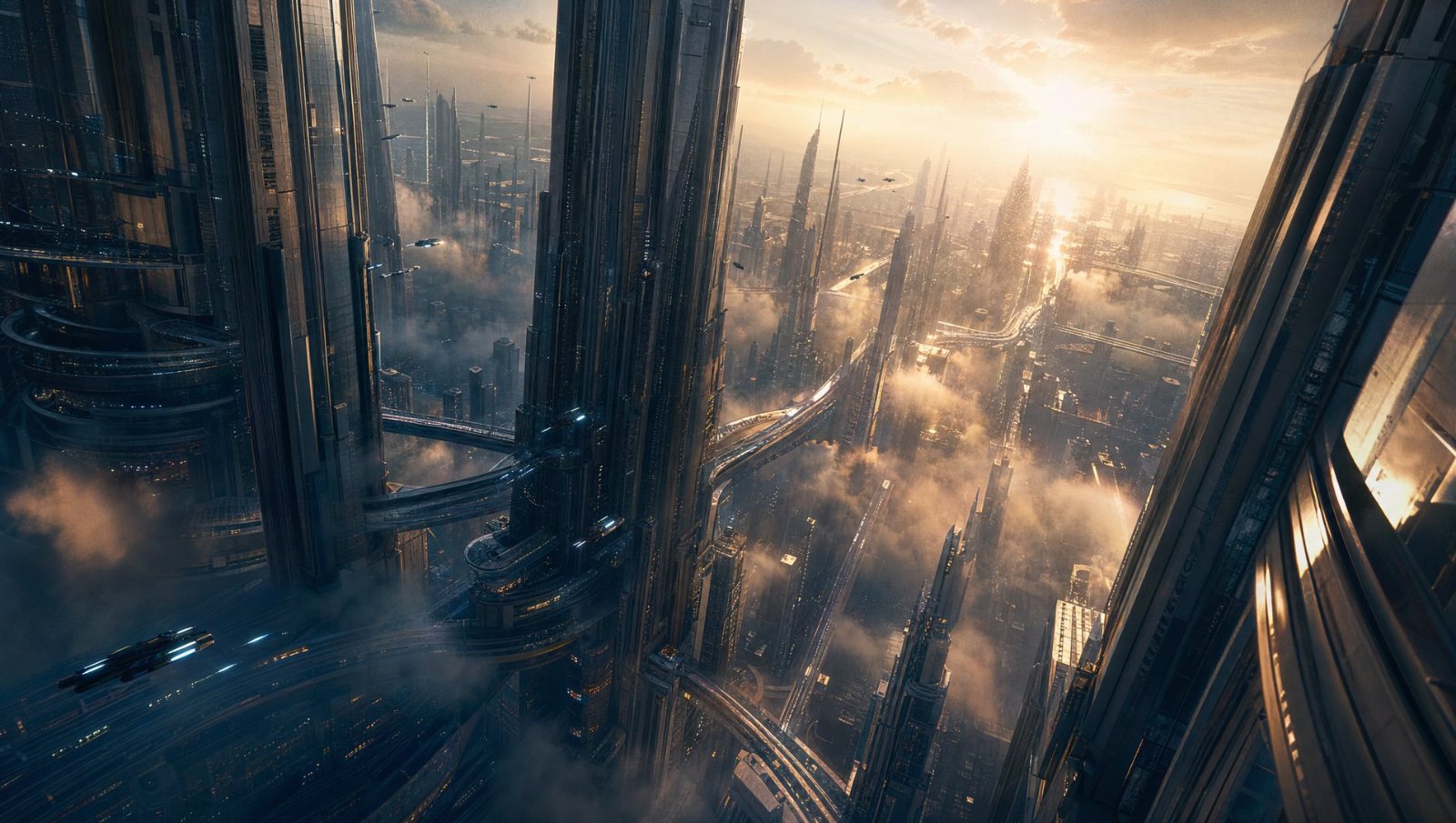An aerial view of a dense futuristic city at sunrise, towers receding into haze