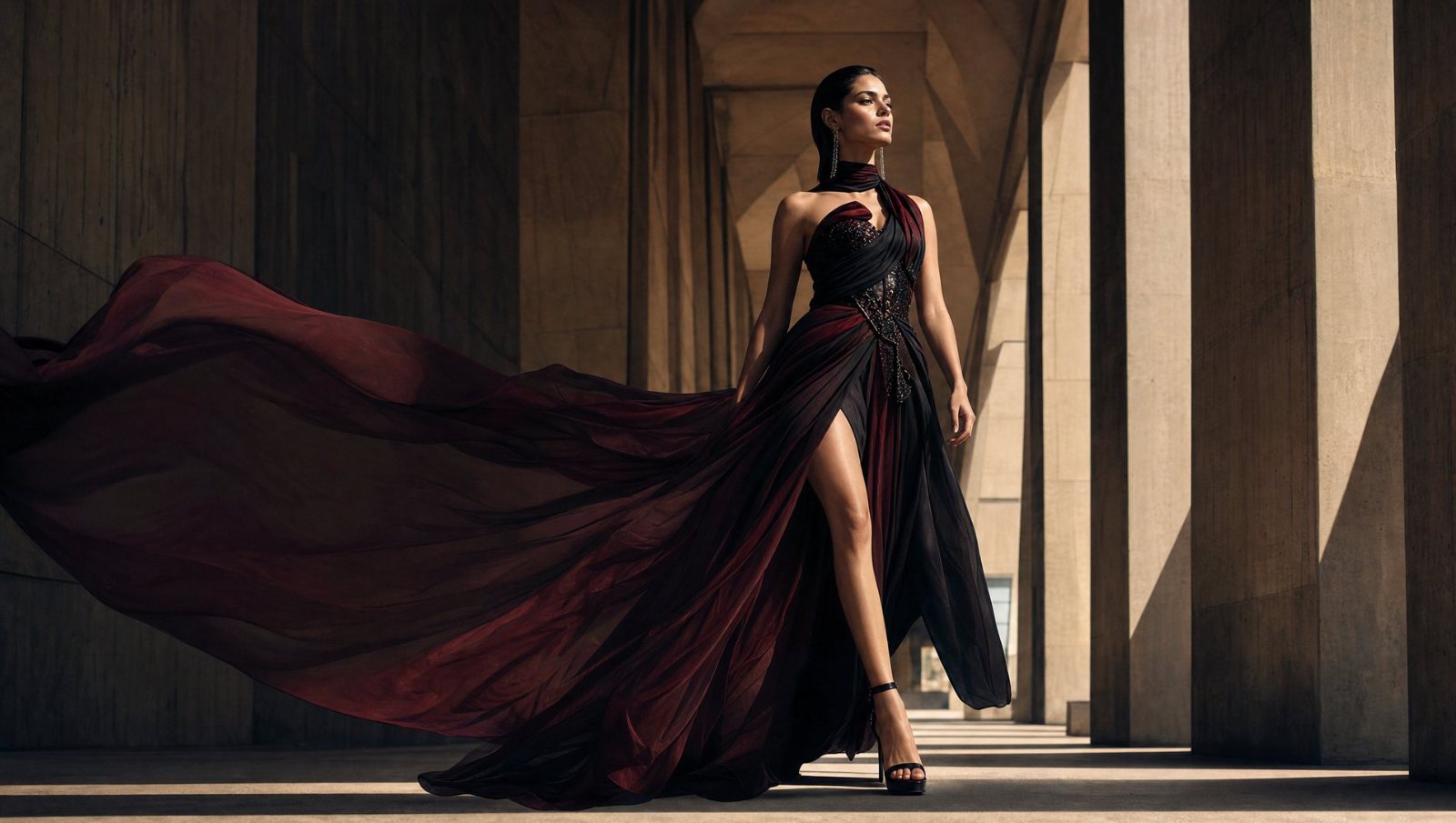 A model in burgundy couture crossing a vast concrete plaza, the train trailing behind