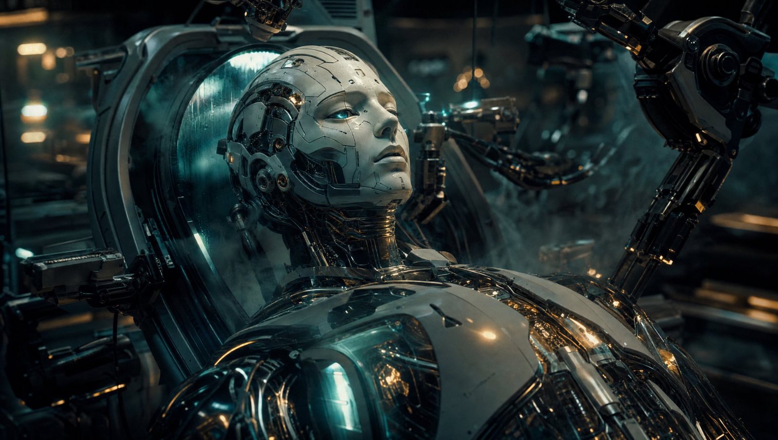 A humanoid robot in a laboratory cradle, panel light across its face