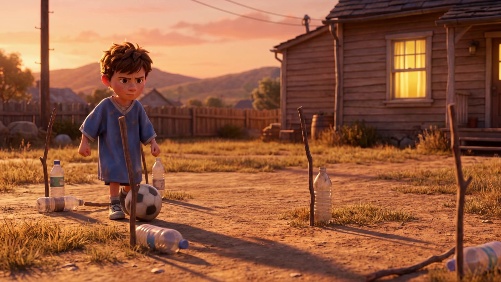 An animated boy in a blue shirt standing over a football in a dusty backyard pitch at sunset, bottles and sticks marking the goal
