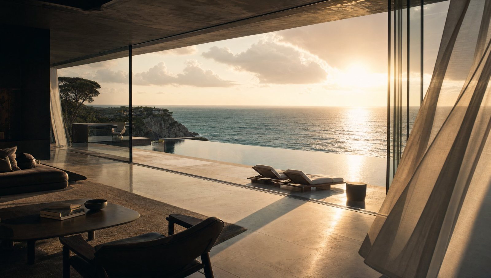 A cliffside house opening onto an infinity pool above the ocean