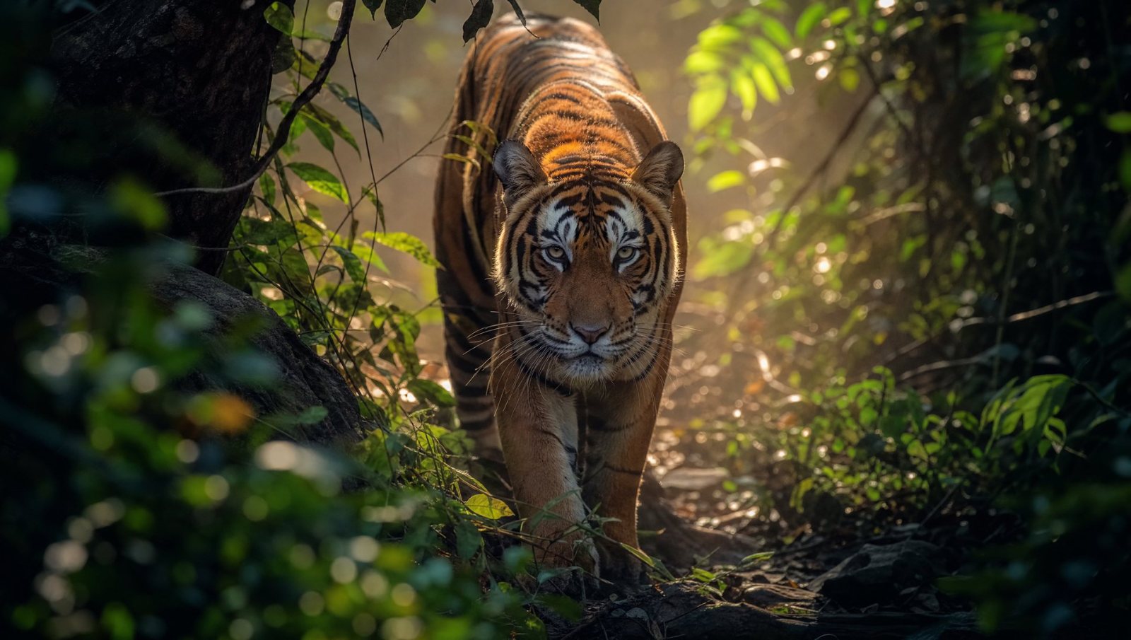 A Bengal tiger walking toward camera through jungle foliage in shafts of light