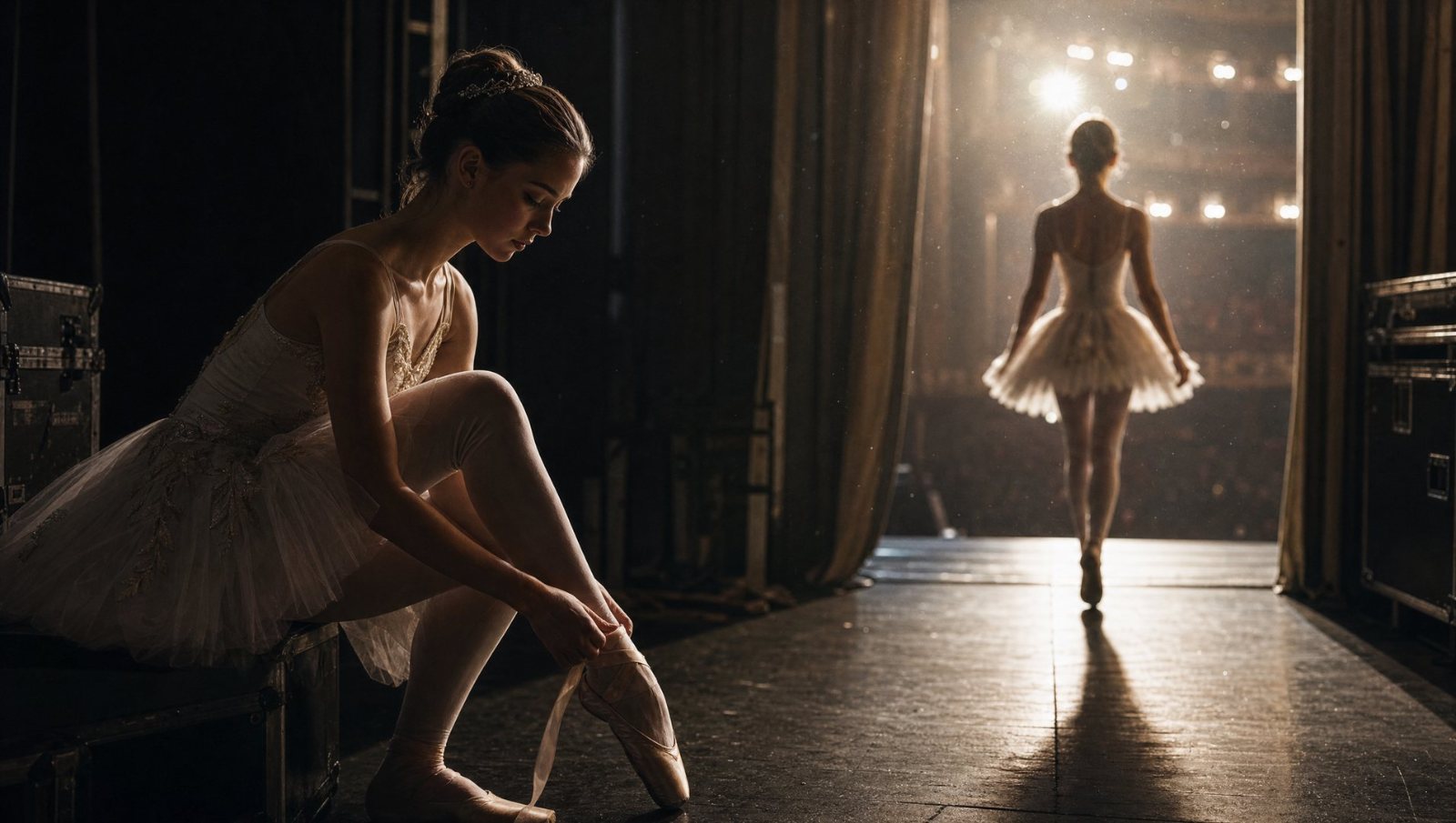 A ballerina lacing a pointe shoe in the wings, a second dancer lit on stage beyond
