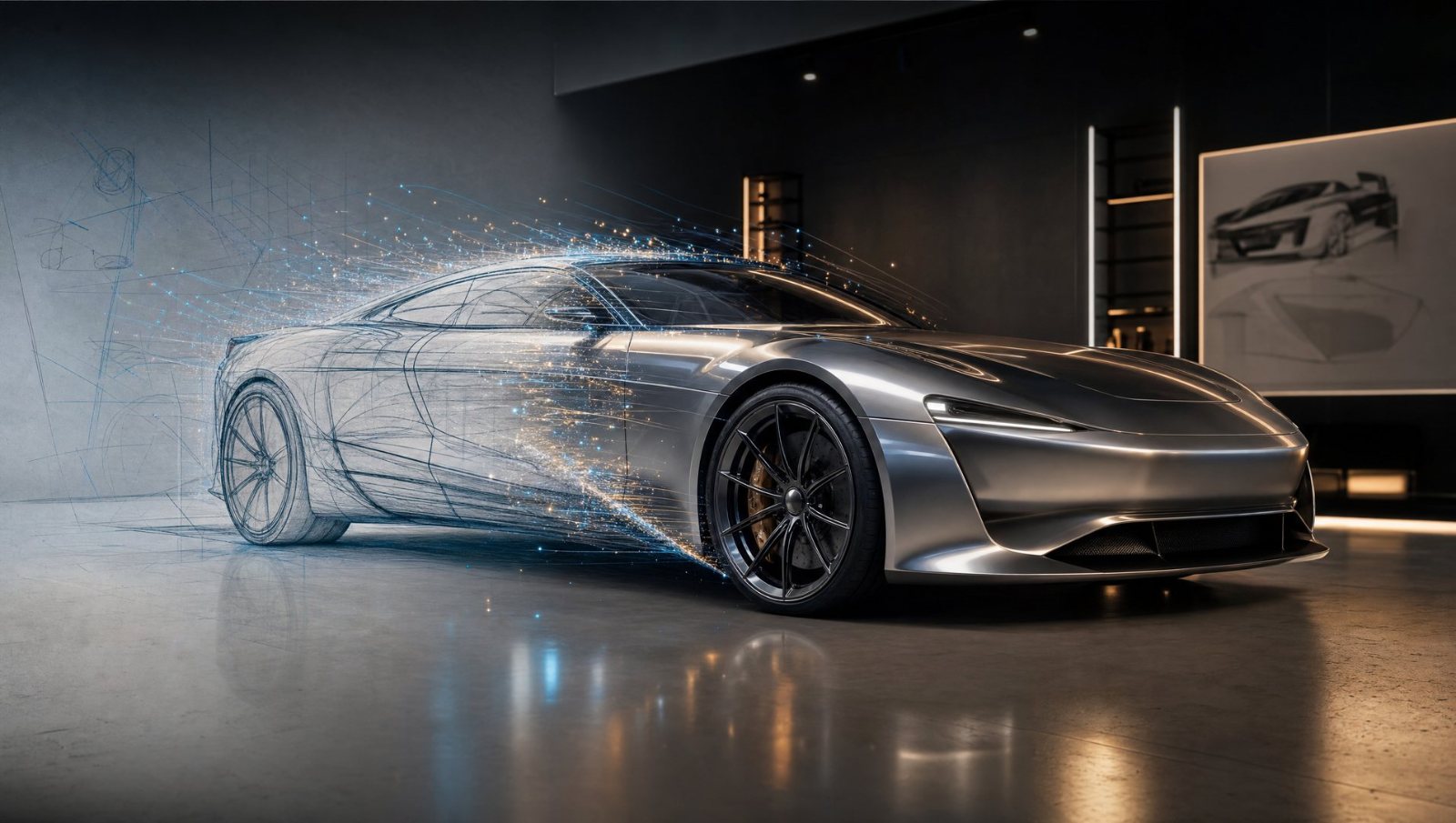 A car half graphite wireframe, half photoreal bodywork, seen in profile