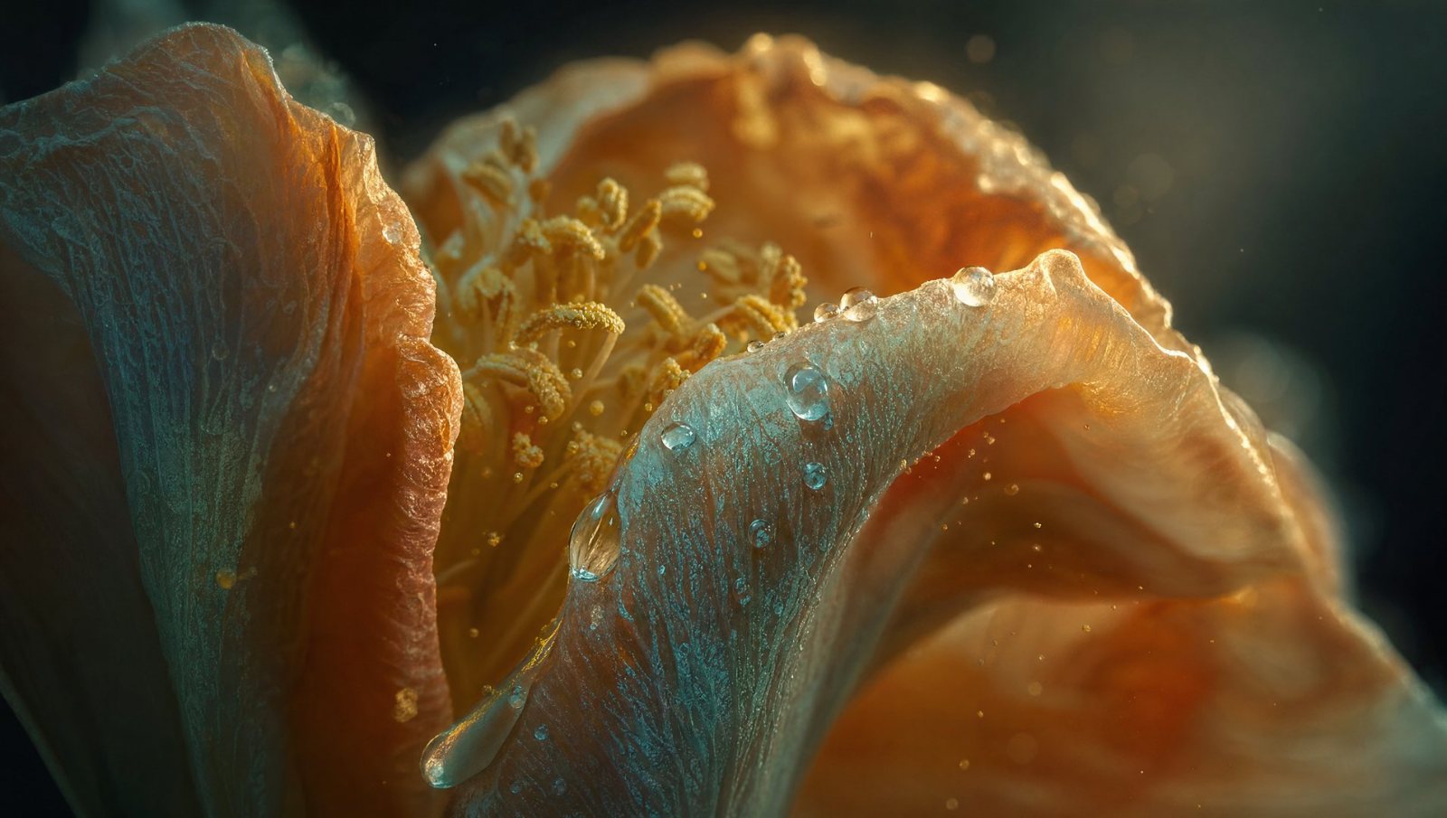 A flower opening in extreme macro, droplets on the petals and pollen suspended in the air