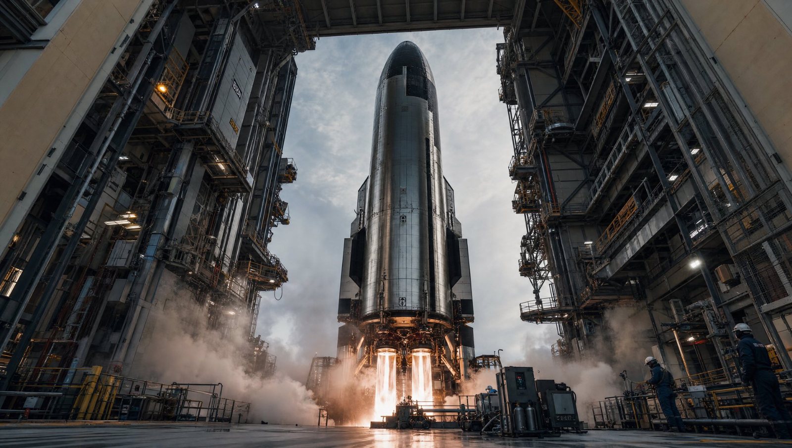 A silver heavy-lift rocket igniting inside a steel launch gantry