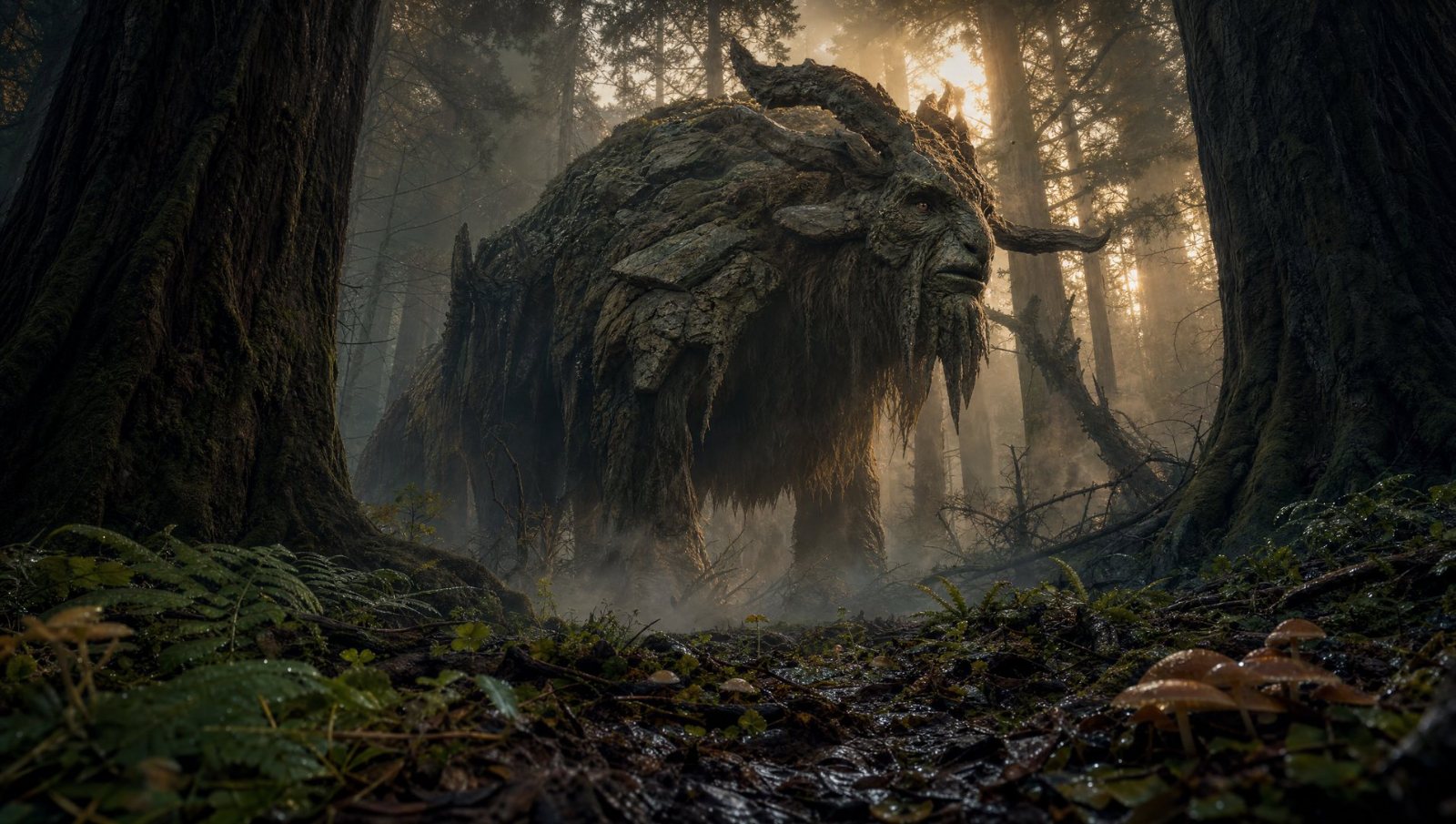 A towering moss-covered forest creature standing among redwoods in dawn mist