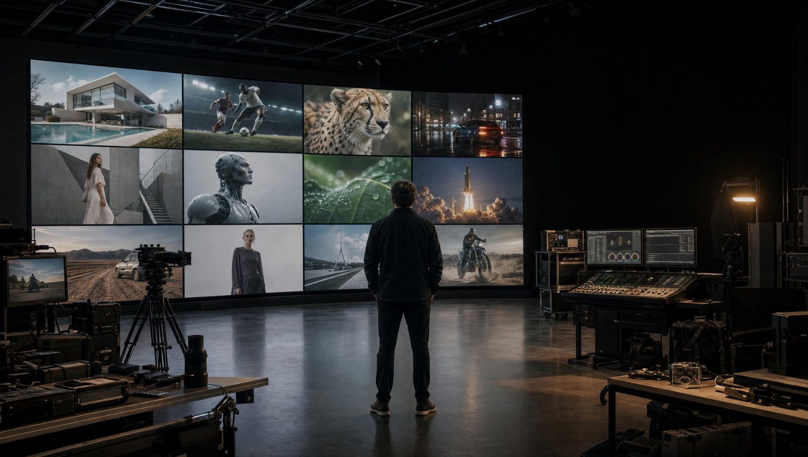A lone figure in a studio facing a curved LED wall showing the reel’s scenes