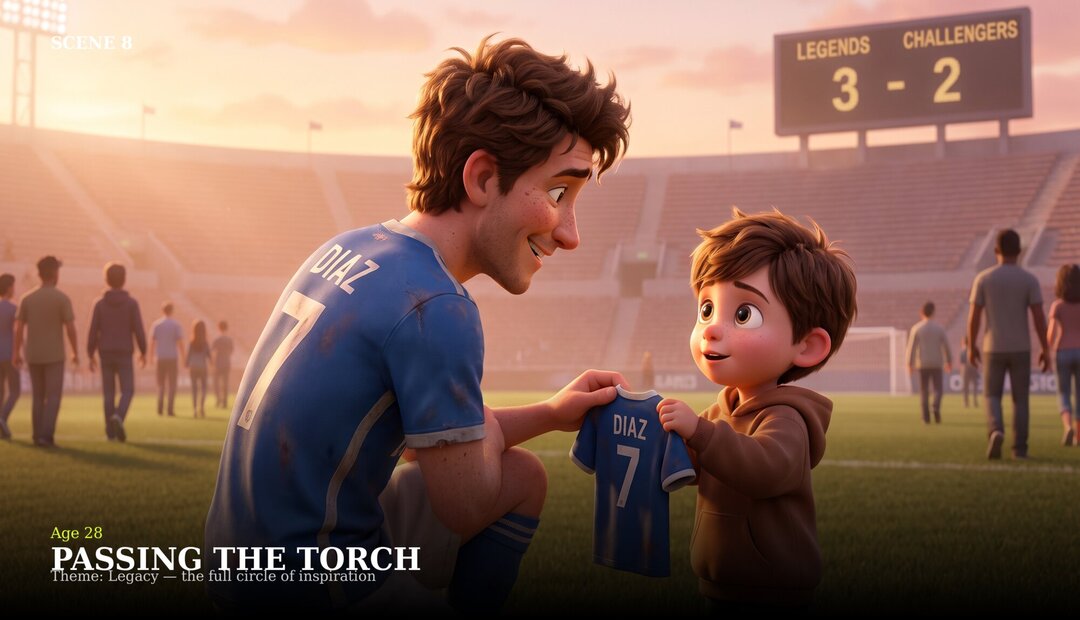 Scene 8, Passing the Torch, Age 28 — the player kneels at golden hour to hand his jersey to a small starstruck boy