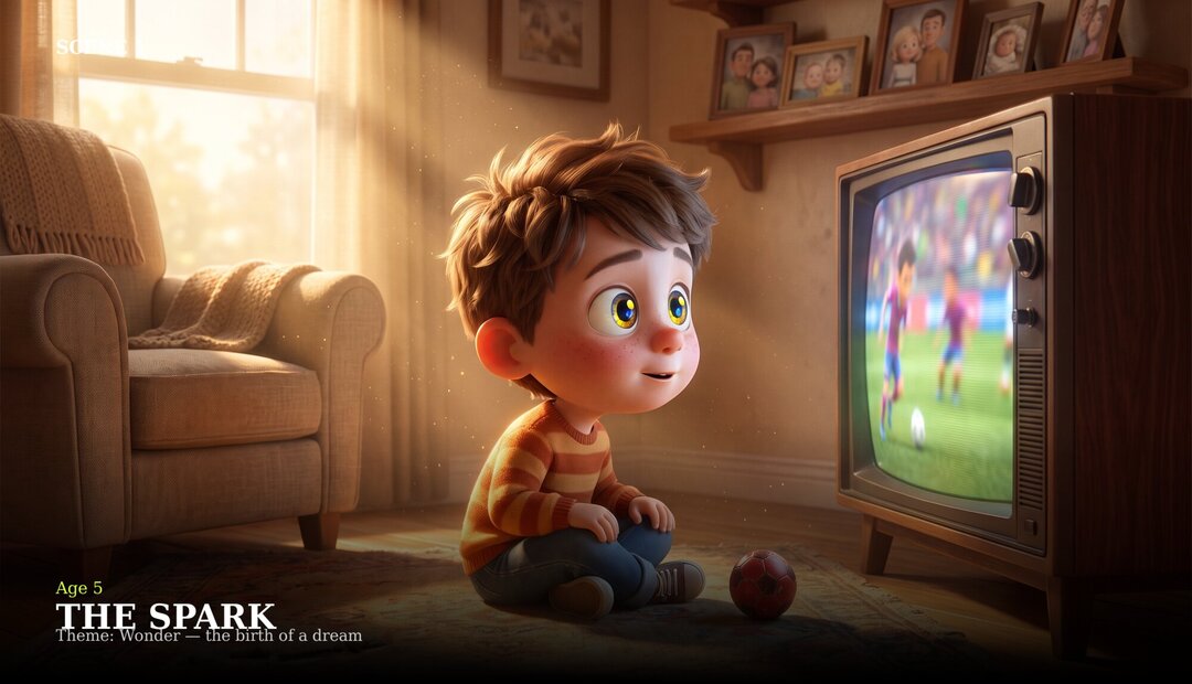 Scene 1, The Spark, Age 5 — a five-year-old boy sits on the rug watching a soccer match on an old television in a warm sunlit living room
