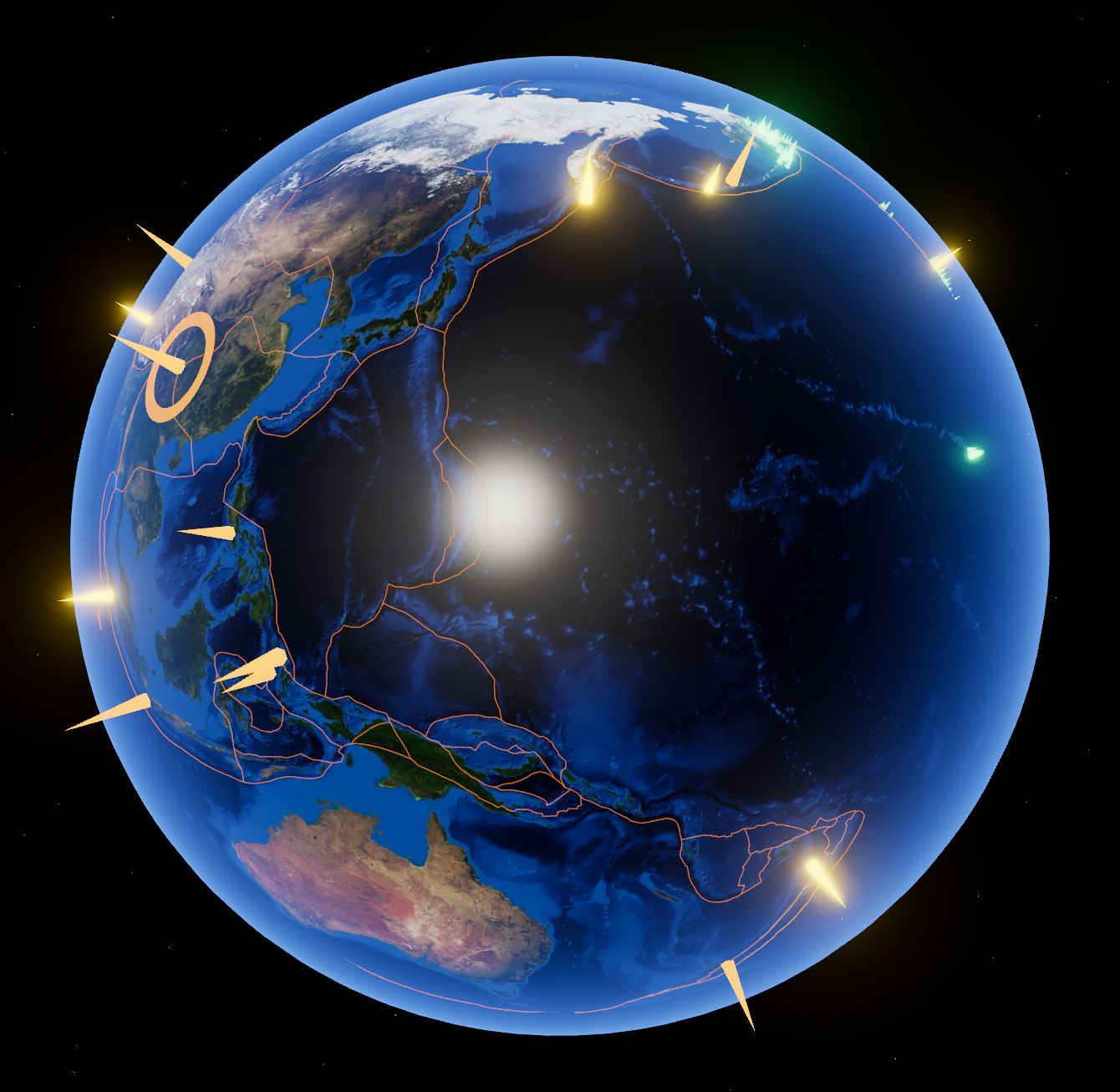 Day side of the globe showing specular sun glint on the ocean near the subsolar point, with quake markers clustered along plate margins