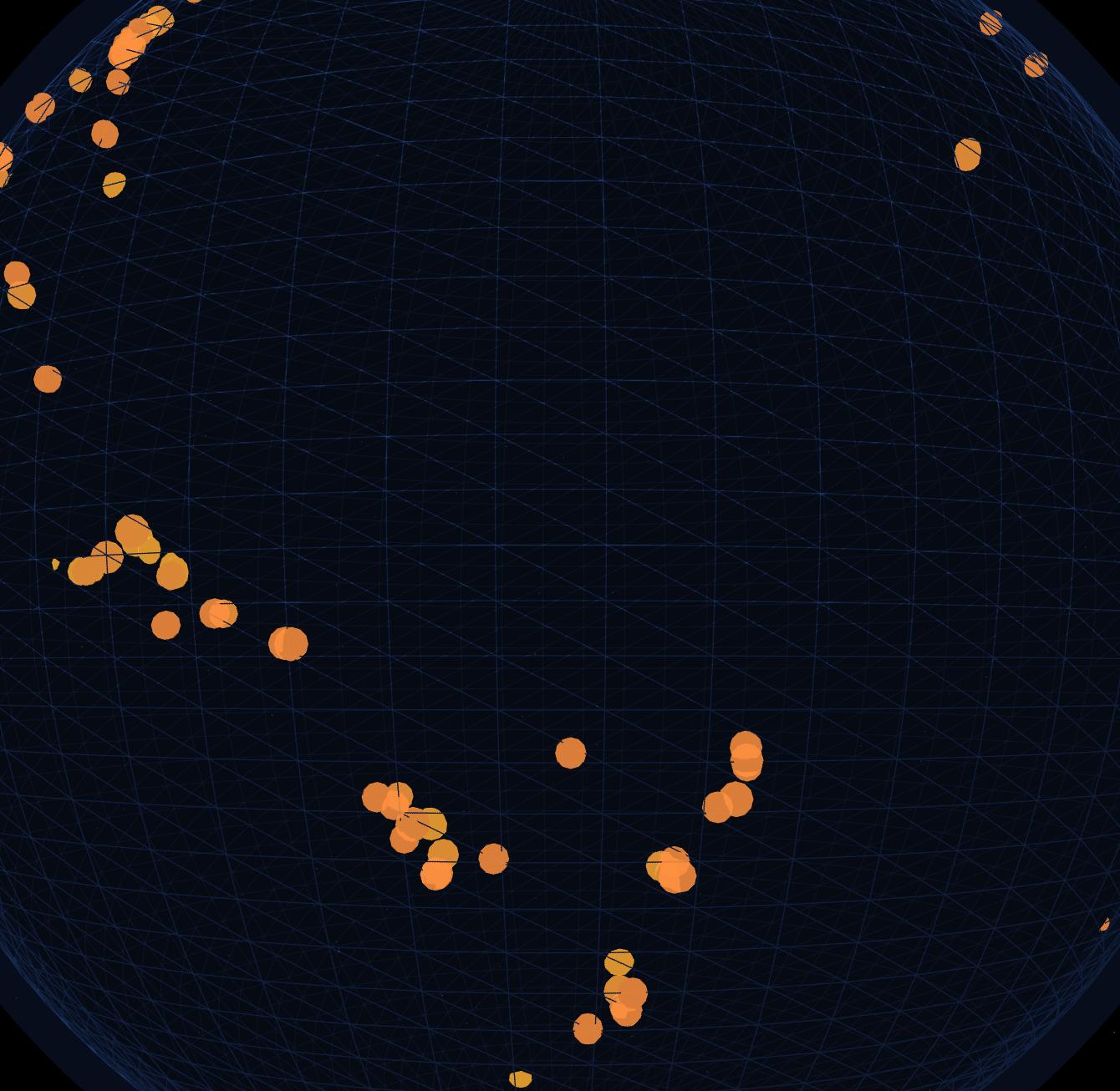 Depth view showing the Tonga subduction zone as a dipping plane of coloured markers beneath a translucent wireframe globe