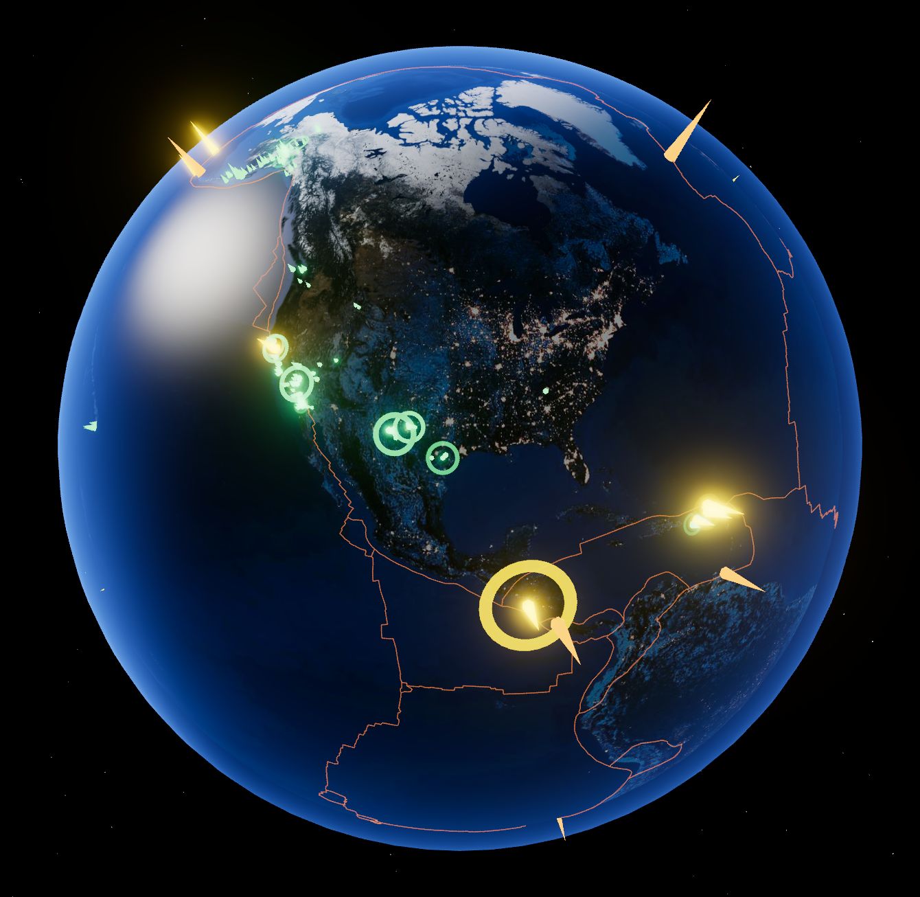 Quake Globe rendering the night side of Earth with city lights and glowing earthquake markers along the Pacific rim