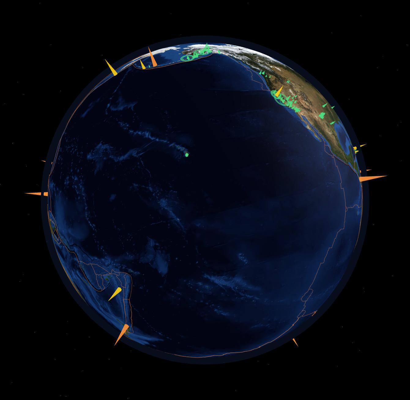 Globe with tectonic plate boundaries overlaid, quake markers clustering along the boundary lines