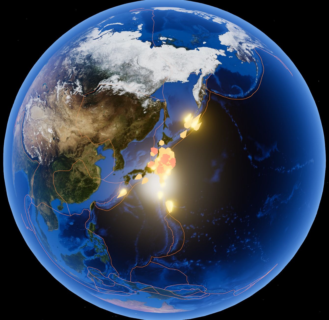 Historical query showing the March 2011 Tohoku M9.1 sequence off the coast of Japan, dense with aftershock markers